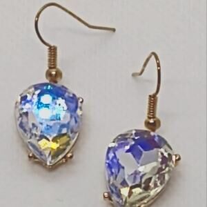 Teardrop AB rhinestone earrings on fishhook ear wires, gold tone